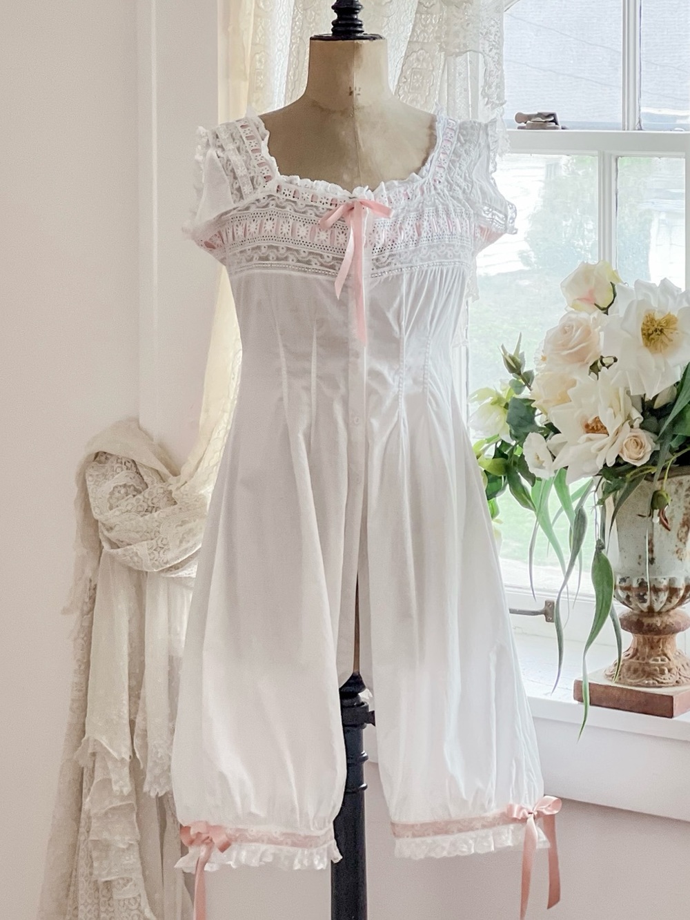 Antique Edwardian Combination Step-in With Pink Silk Ribbons Size XS